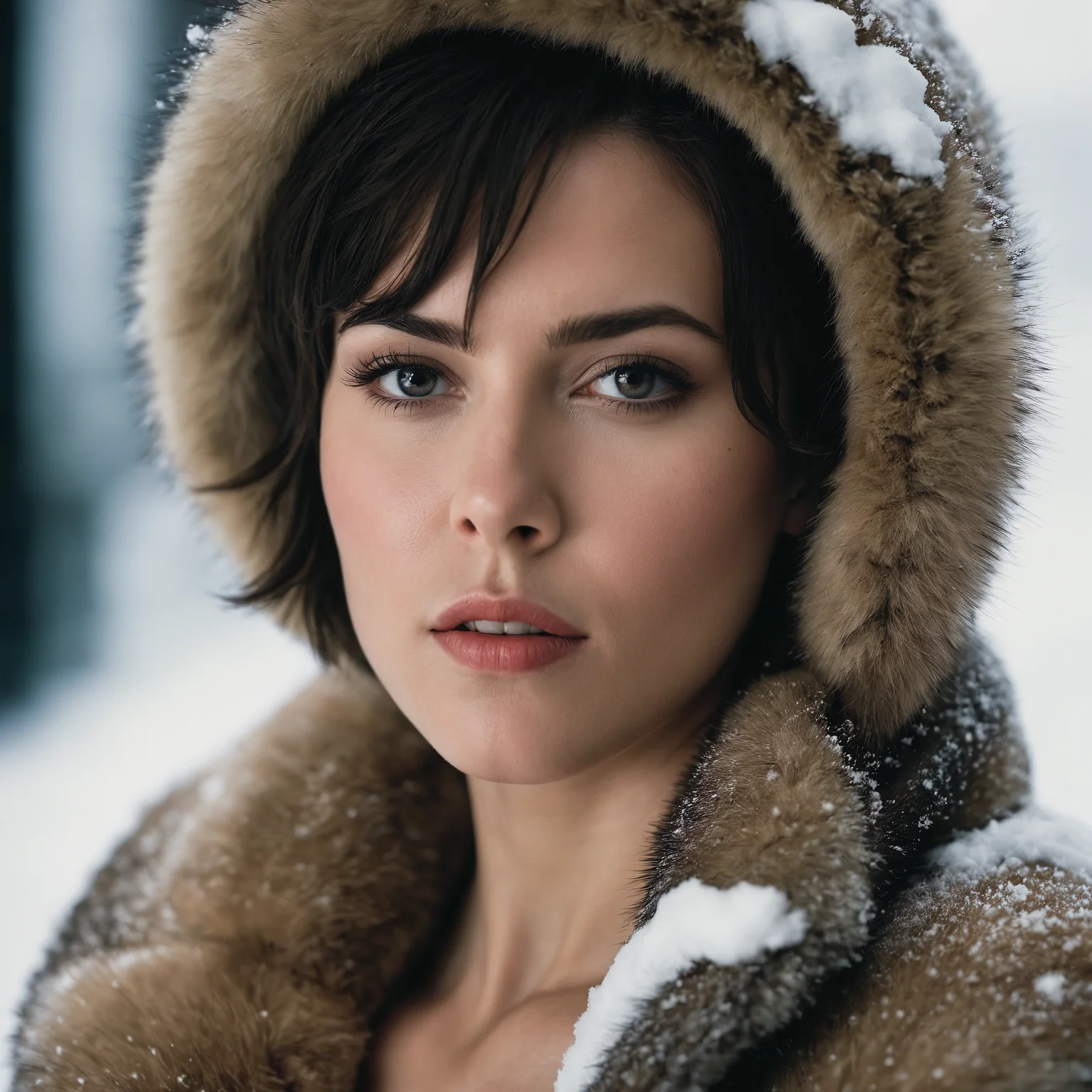 photoshoot, photo studio, RAW photo, editorial photograph, film stock photograph, cinematic, posing, beautiful attractive naked princess, detailed vagina, short hair, wearing furs, snow, dark atmosphere, ((focused on eyes)), feminine expressions, photography, 35mm, Nikon D850 film stock photograph, Kodak Portra 400 camera f1.6 lens, 8k, UHD