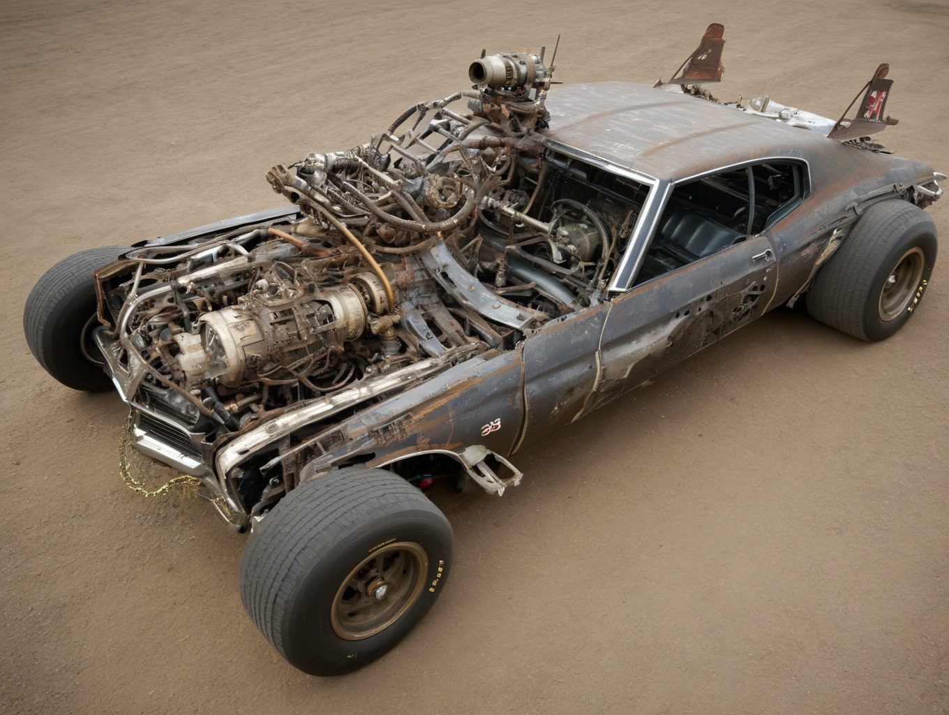 1970ChevelleSS_BLACKWHITE, aetherpunkai aircraft,
turret to side, missile launcher, cannon, sharp metal protrusions, cattle guard, rust, scratches, bullet holes, metal panels, exposed wires, saw blades, splatted paint, chains, robotic arm, hydraulic pump, compressor, propane tank,
BREAK
vault SZ_4poXL enviroment, shopping mall, water damage, debris, rubble,
BREAK
3d render, cgi, symetrical, octane render, 35mm, bokeh, 9:16, (intricate details:1.12), hdr, (intricate details, hyperdetailed:1.15), (natural skin texture, hyperrealism, soft light, sharp:1.2)
<lora:Post ApocalypticXL_v2:0.6> <lora:add-detail-xl:1> <lora:TechPunkAI:0.6> <lora:1970ChevelleSS_SDXL_v01:1>