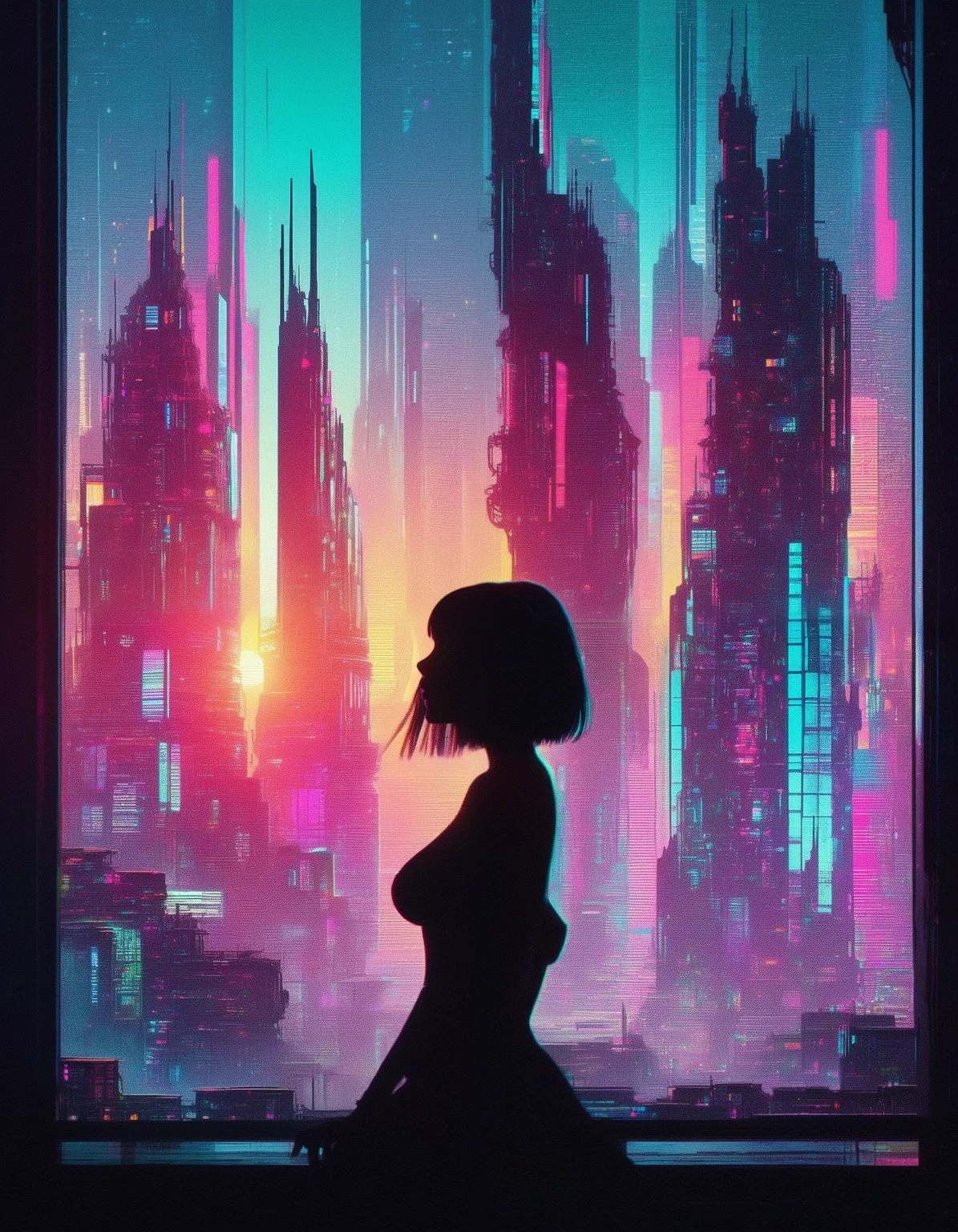 glitch art, glitches, artifacts, silhouette, side view, young woman, shorter black hair, large breasts, large nipples, at the window, endless sci-fi city, gigantic futuristic buildings, colorful neon lights, sunset, fog, chromatic aberration, heavy film grain