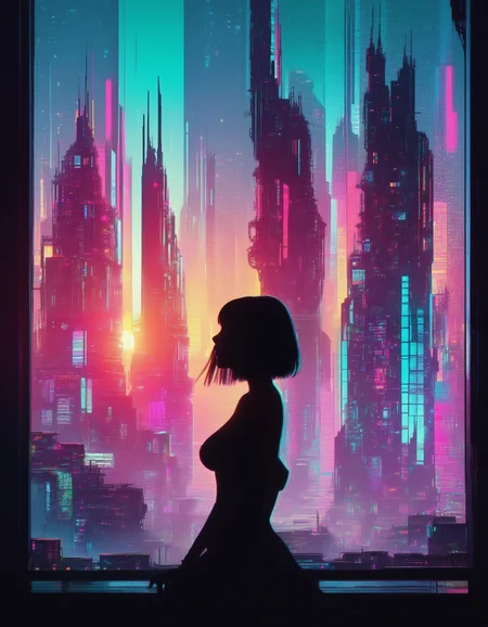 glitch art, glitches, artifacts, silhouette, side view, young woman, shorter black hair, large breasts, large nipples, at the window, endless sci-fi city, gigantic futuristic buildings, colorful neon lights, sunset, fog, chromatic aberration, heavy film grain