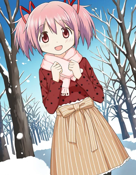 masterpiece, best quality, newest, absurdres, highres, safe, 1girl, kaname madoka \(winter costume\), magia record: mahou shoujo madoka magica gaiden, smile, open mouth, solo, snowing, outdoors, dutch angle, <lora:20241222214529_kaname_madoka_noobaiXLNAIXL_vPred10Version:0.7>