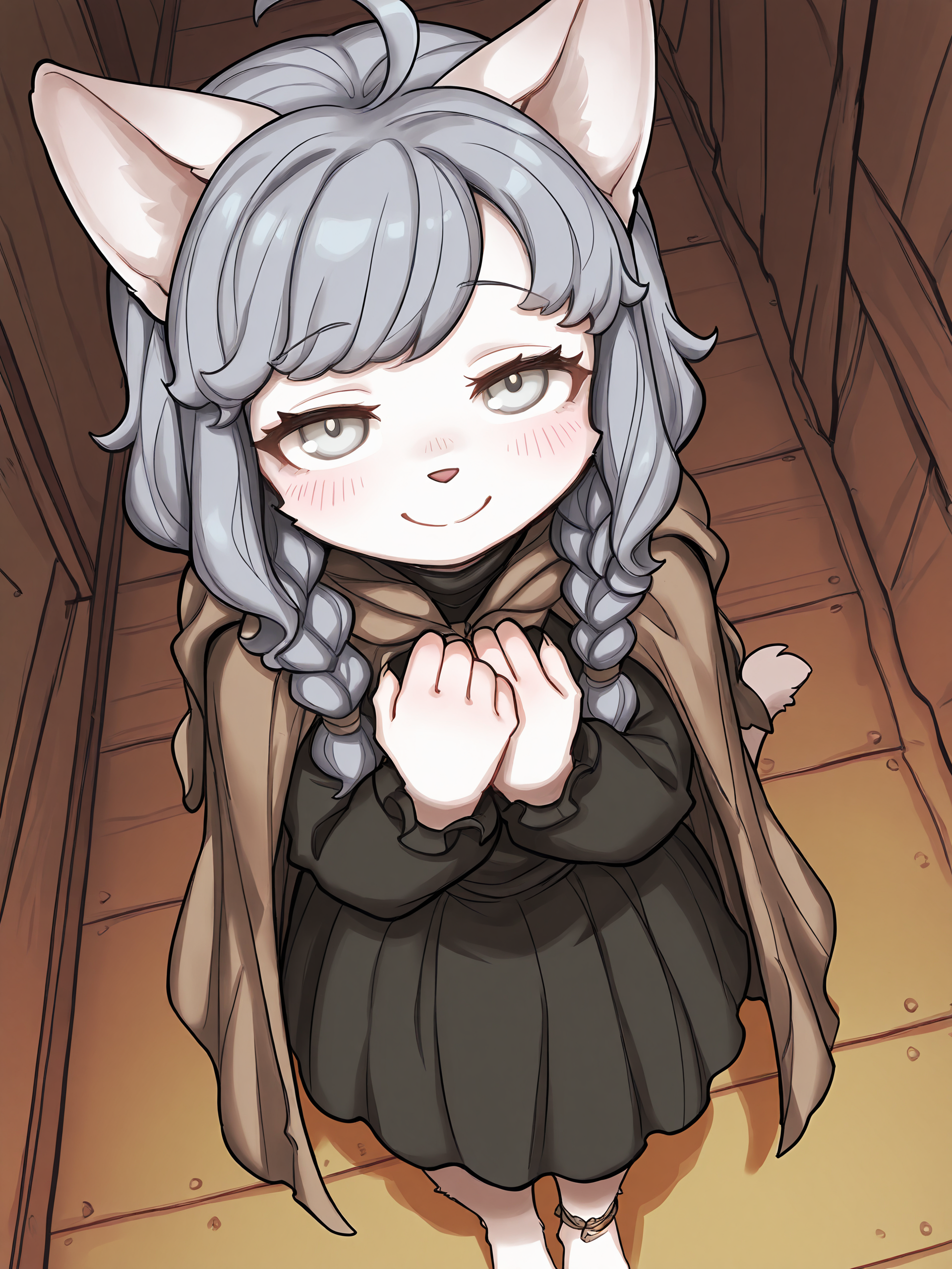 BREAK, <lora:Sheena_Falafel:1>, Sheena Falafel, Fuga: Melodies of Steel, kemono, furry female, young female, 1girl, cat girl, white fur, grey eyes, pastel blue hair, long hair, ahoge, bangs, sidelocks, animal ears, cat ears, animal nose, pink nose, Fuga 1 appearance, twin braids,
BREAK, Fuga 1 Outfit, barefoot, braided anklet, claws, black dress, brown cloak,
BREAK, solo, high angle view, hands together, hands on chest, looking at viewer, cute smile, blush, narrowed eyes, inside,