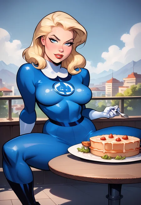 bruce_timm, pinup_(style), T1mmStyl3, artist style: Bruce Timm,Sue storm, 1girl, blonde hair, long hair,  short hair, blue bodysuit, white gloves, large breasts, comicbook style, score_9, score_8_up, score_8, seated opposite the viewer at a romantic dinner, sitting at a table during dinner, legs spread wide,(Romantic, Rooftop dining, Enchanting) smiling at the viewer,