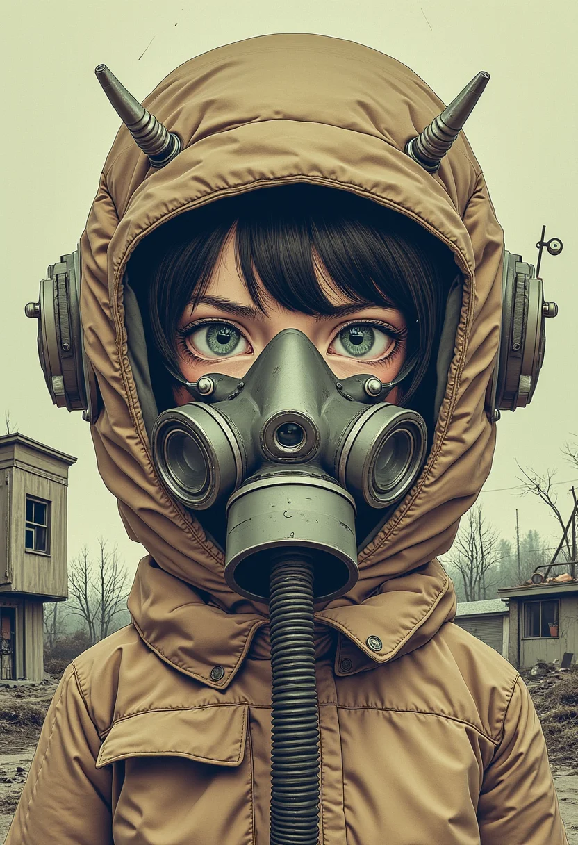 yfg-cehda A post-apocalyptic anime character wearing a gas mask, her large, expressive eyes peeking out with a mixture of fear and determination. The backdrop shows a ruined cityscape, rendered in a hauntingly beautiful style that combines watercolor washes with inked details. The piece has a melancholic tone, similar to dystopian graphic novels or European fine art prints. (hyperdetailed:1.4), (best quality:1.5), (high resolution:1.5).