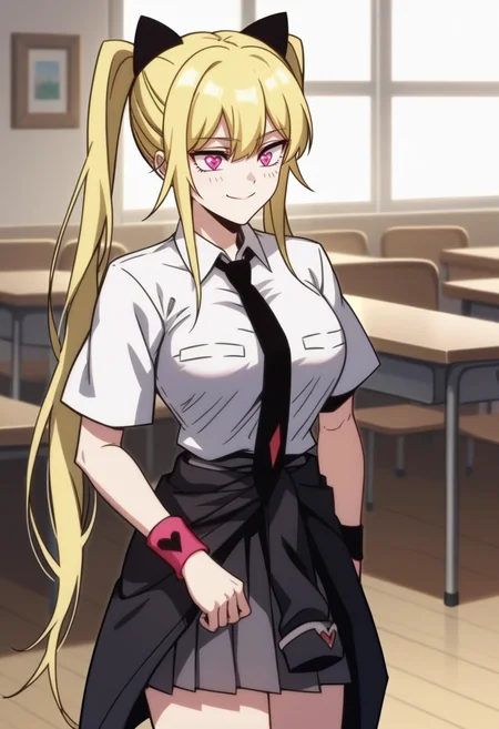 score_9, score_8_up, score_7_up, source_anime,anime screencap, anime coloring,intricate details,rating_safe, masterpiece, best quality,
(best quality, absurd res, ultra detailed),1girl, ((solo)), good eyes,perfect eyes,,detailed eyes, zPDXLxxx , zPDXL3,detailed, detailed face, <lora:add-detail-xl:3>,
BREAK
<lora:Rachel:0.8>, Rachel, 1girl, pink eyes, heart-shaped pupils, symbol-shaped pupils, blonde hair, twintails, hair ornament,
school uniform, white shirt, necktie, wristband, jacket around waist, clothes around waist, pleated skirt,
BREAK
solo, standing, 
smirk,