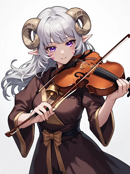 <lora:whisker_markings:0.8> whisker_markings:1.4 , source_furry, score_7_up, rating_safe, cowboy shot, gold necklace, tiefing, short pointed ears, horns, (a pair of brown sheep Horns that begin at her temples and curve back: 1.5), bangs,long silver hair long wavy hair, pale skin,pointy ears, purple eyes:1.2, <lora:age_slider_v4:0.6> medium breasts, skinny female, close up, silver hair, <lora:Tieflingnew weird fantasyDND:0.3> Tiefling, pointed ears, horns, from above, <lora:Smooth Style 2 SDXL_LoRA_Pony Diffusion V6 XL:0.5> bell, robe, hood off, <lora:Nanoless_Artist_Style_PonyXL:0.3> <lora:holding_violin_holding_bow_music:0.8> violin, holding violin, holding bow (music), playing instrument