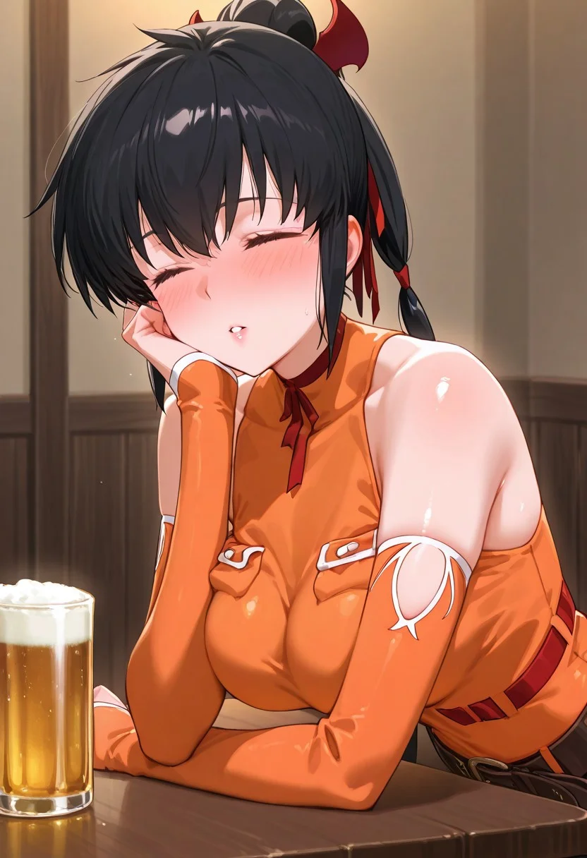 masterpiece,best quality,newest,extremely detailed,highres, absurdres, amazing quality,
BREAK
lisa_pacifist, black hair, 1girl, solo, ponytail, twintails, long hair, breasts, black hair, brown eyes, parted lips, detached sleeves, bare shoulders,ribbon, belt, hair ribbon, elbow gloves, dress, sleeveless, orange shirt, shiny skin,
BREAK
upper body, arm support, dinner, table, drink beer, napping on table, blush, closed eyes,