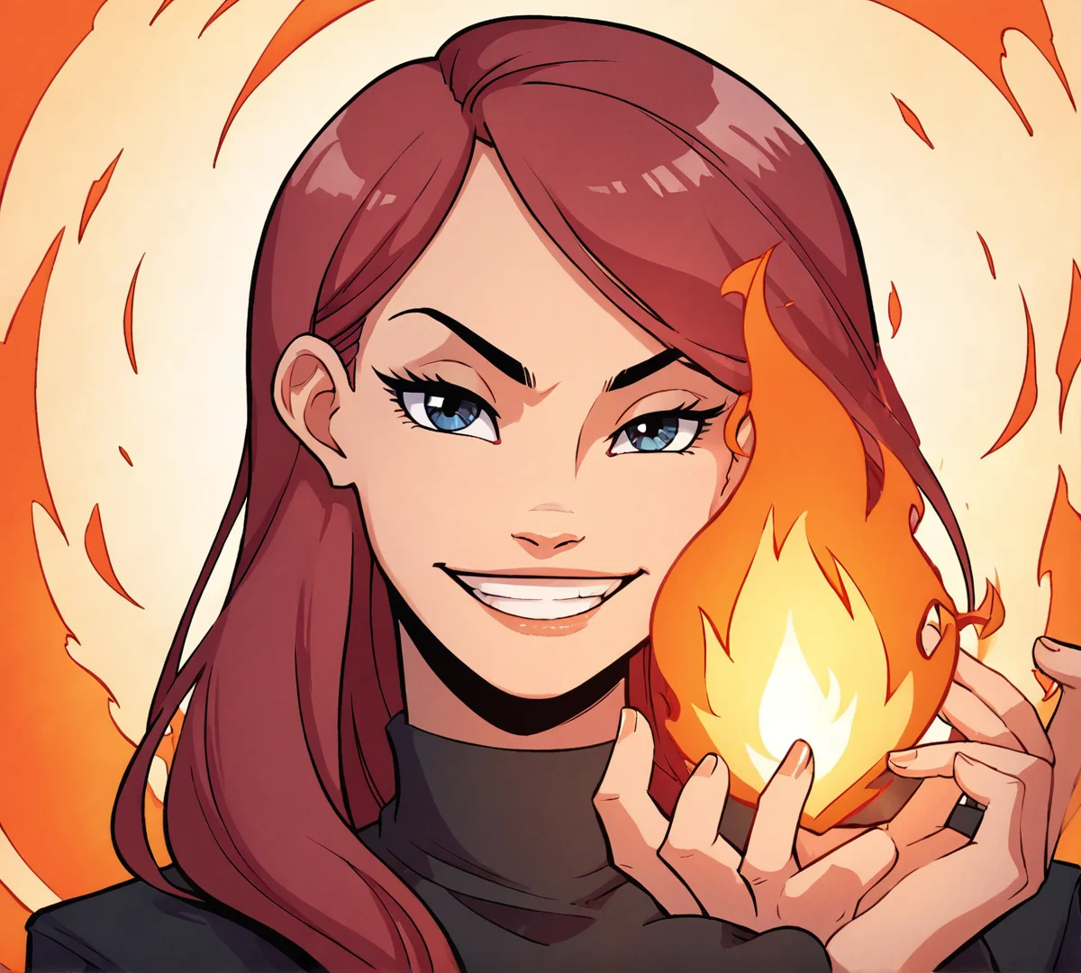 Antimony, zPDXL, best quality, amazing quality, score 9, 1girl, fire, smile, smug, grin, looking at viewer, holding fire, <lora:Antimonynuer:0.8>