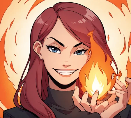 Antimony, zPDXL, best quality, amazing quality, score 9, 1girl, fire, smile, smug, grin, looking at viewer, holding fire, <lora:Antimonynuer:0.8>