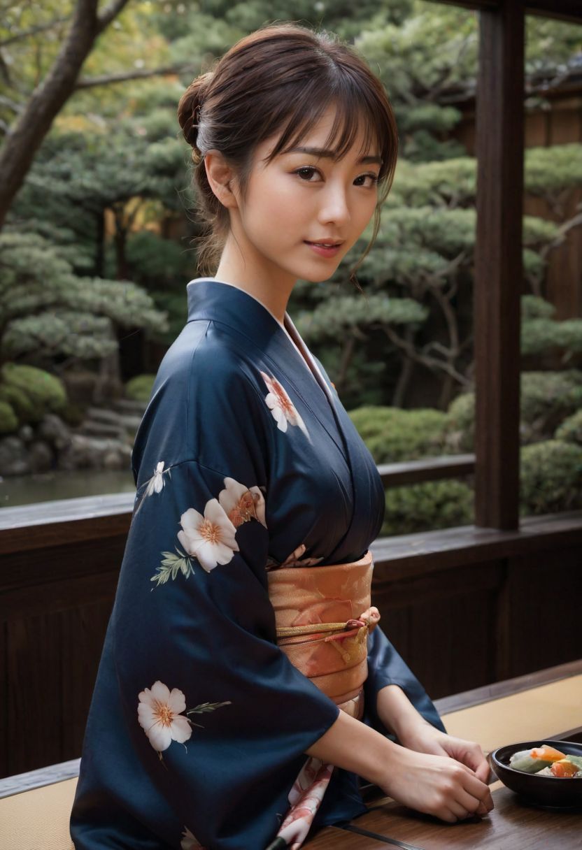 From frontal below :1.3,(dark background:1.3),(sitting behind wood table:1.631),(restaurant at ryokan:1.2),(Japanese tea cups and ((sukiyaki ))on table:1.63),(beautiful real texture :1),smile face:1,(royal),10k,(real skin texture:1),high resolution,(one 32 years old elegant Japanese woman wearing in colored long kimono:1.2), (looking at garden :1.4),exquisite face:1,(163cm tall:1),(fine wrinkle  :1.),(detailed innocent girls face:1.), NegfeetV2,(symmetrical),(small single chignon:1), ((one side )breast out:1.4)