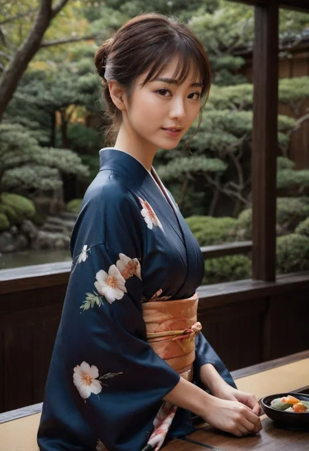From frontal below :1.3,(dark background:1.3),(sitting behind wood table:1.631),(restaurant at ryokan:1.2),(Japanese tea cups and ((sukiyaki ))on table:1.63),(beautiful real texture :1),smile face:1,(royal),10k,(real skin texture:1),high resolution,(one 32 years old elegant Japanese woman wearing in colored long kimono:1.2), (looking at garden :1.4),exquisite face:1,(163cm tall:1),(fine wrinkle :1.),(detailed innocent girls face:1.), NegfeetV2,(symmetrical),(small single chignon:1), ((one side )breast out:1.4)