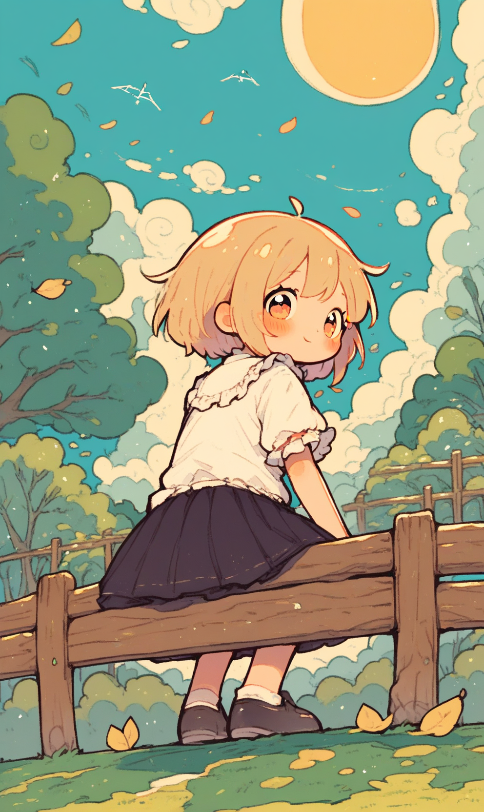 score_9, score_8_up, score_7_up, score_6_up, score_5_up, score_4_up,  (((cute girl))), (chibi:0.1), (cute:1.2), (white frilly shirt, black skirt), looking back, (sitting, sitting on fence), rear view, from behind, wooden_fence, full body shot, (from below, low angle view), clouds, sun, cute, kawaii, trees, leaves, (detailed background:1.3)