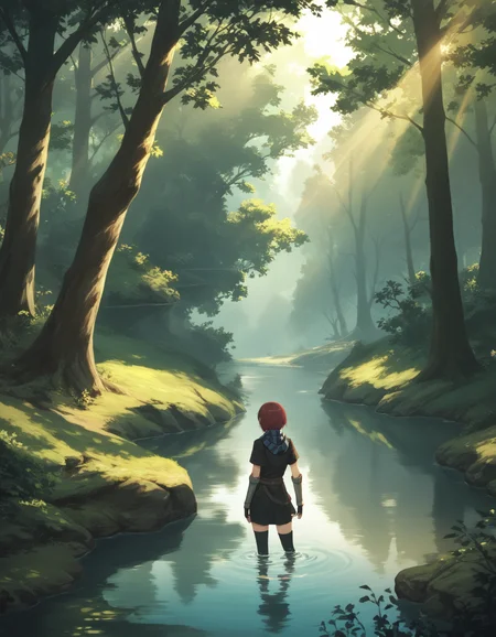 score_9, score_8_up, score_7_up <lora:nel-zelpher-ponyxl:1> nel zelpher, black dress, short dress, striped scarf, vambraces, fingerless gloves, black thighhighs,
tree, scenery, sunlight, nature, outdoors, forest, light rays, water, standing, sunbeam, day, overgrown, reflection, wading, dappled sunlight