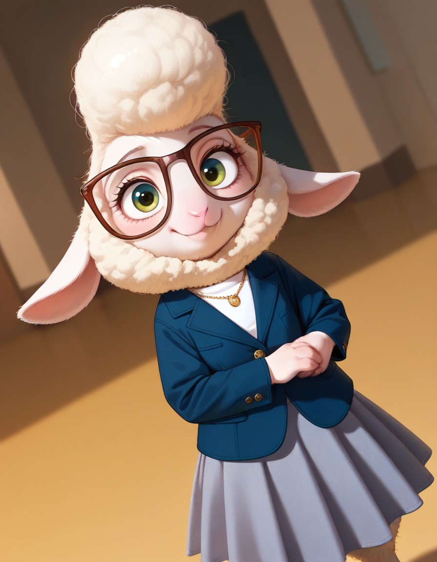 masterpiece, best quality, amazing quality, very aesthetic, high resolution, ultra-detailed, absurdres, newest, scenery, BREAK, detailed background, detailed hair, depth of field, detailed fluffy fur, photorealistic details, volumetric lighting, masterpiece, newest, absurdres, safe, , very aesthetic, absurdres,  dawnBW, anthro, furry female, sheep, animal ears, glasses, brown eyewear, green eyes, white wool, white fur, finger hooves, black hooves, grey skirt, white shirt, dark blue jacket, necklace,  standing, looking at viewer, happy, smile, dynamic pose, dynamic angle, dramatic angle, closed mouth, cowboy shot, , <lora:18f3a372-cc22-4446-9e9e-ad5ca42404d8:1.2>