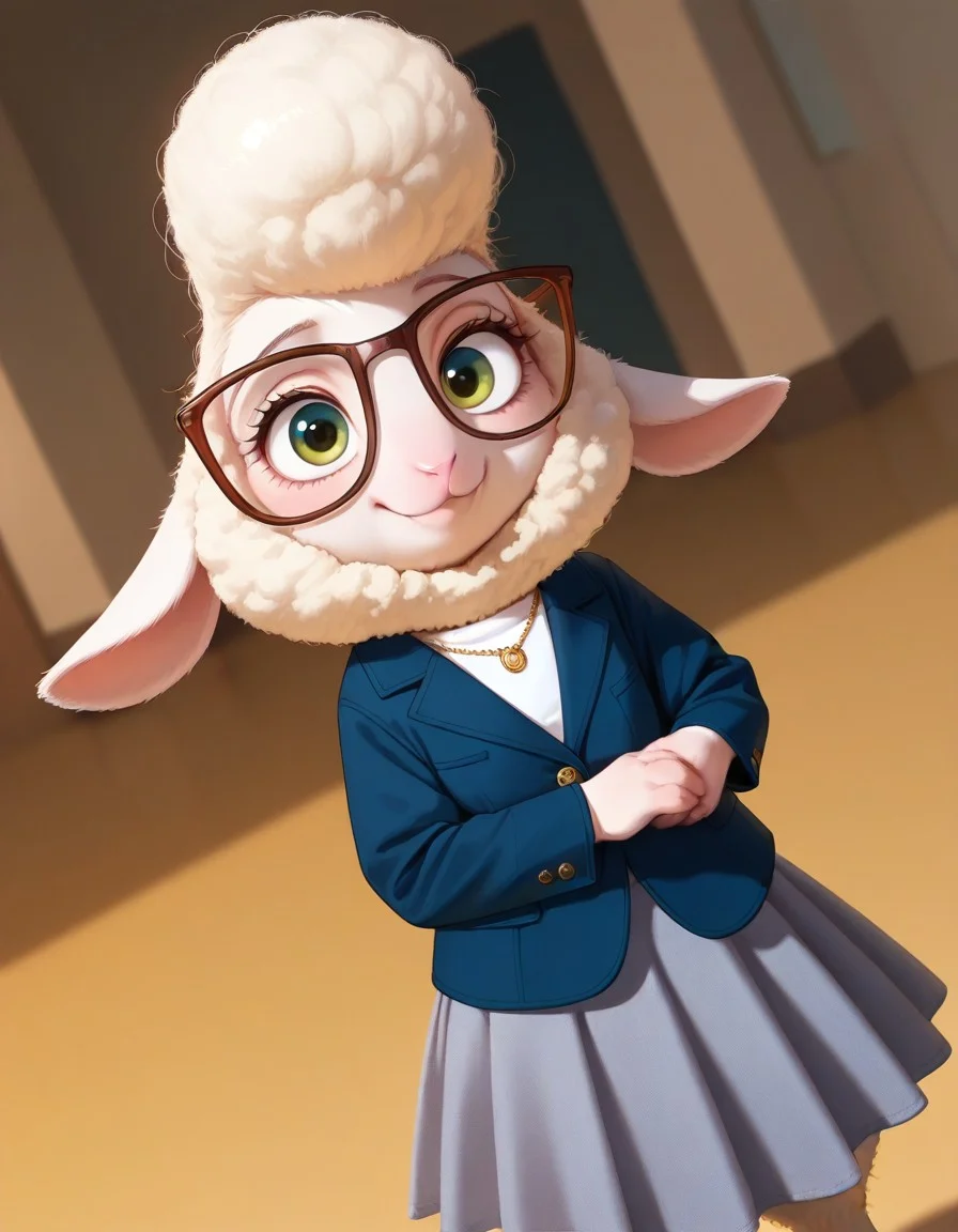 masterpiece, best quality, amazing quality, very aesthetic, high resolution, ultra-detailed, absurdres, newest, scenery, BREAK, detailed background, detailed hair, depth of field, detailed fluffy fur, photorealistic details, volumetric lighting, masterpiece, newest, absurdres, safe, , very aesthetic, absurdres,  dawnBW, anthro, furry female, sheep, animal ears, glasses, brown eyewear, green eyes, white wool, white fur, finger hooves, black hooves, grey skirt, white shirt, dark blue jacket, necklace,  standing, looking at viewer, happy, smile, dynamic pose, dynamic angle, dramatic angle, closed mouth, cowboy shot, , <lora:18f3a372-cc22-4446-9e9e-ad5ca42404d8:1.2>