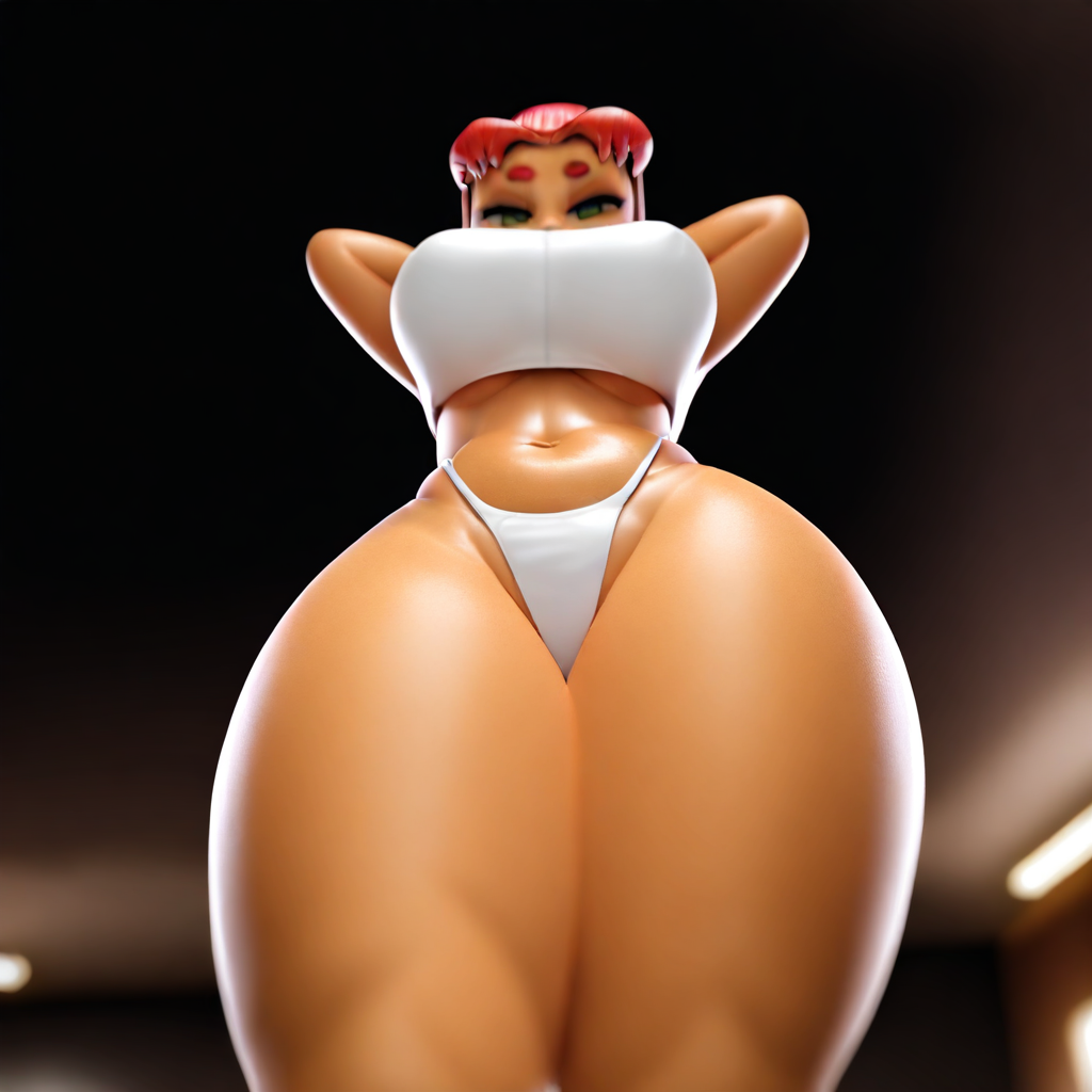 best quality, masterpiece, 4k, cinematic lighting, bloom, blurry, 3d, simple background, depth of field, 1girl, starfire_smitty34, orange skin, red hair, long hair, green eyes, white thong, white crop-top, big breasts, thick thighs, wide hips, standing, arms behind head, from below, dynamic angle
