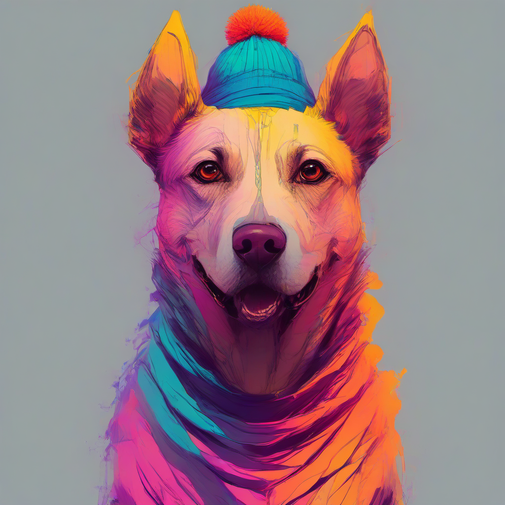 dog,wearing a beanie,turtleneck sweater,colorful
 <lora:PE_ColorPortraitCatDog:1> pedog