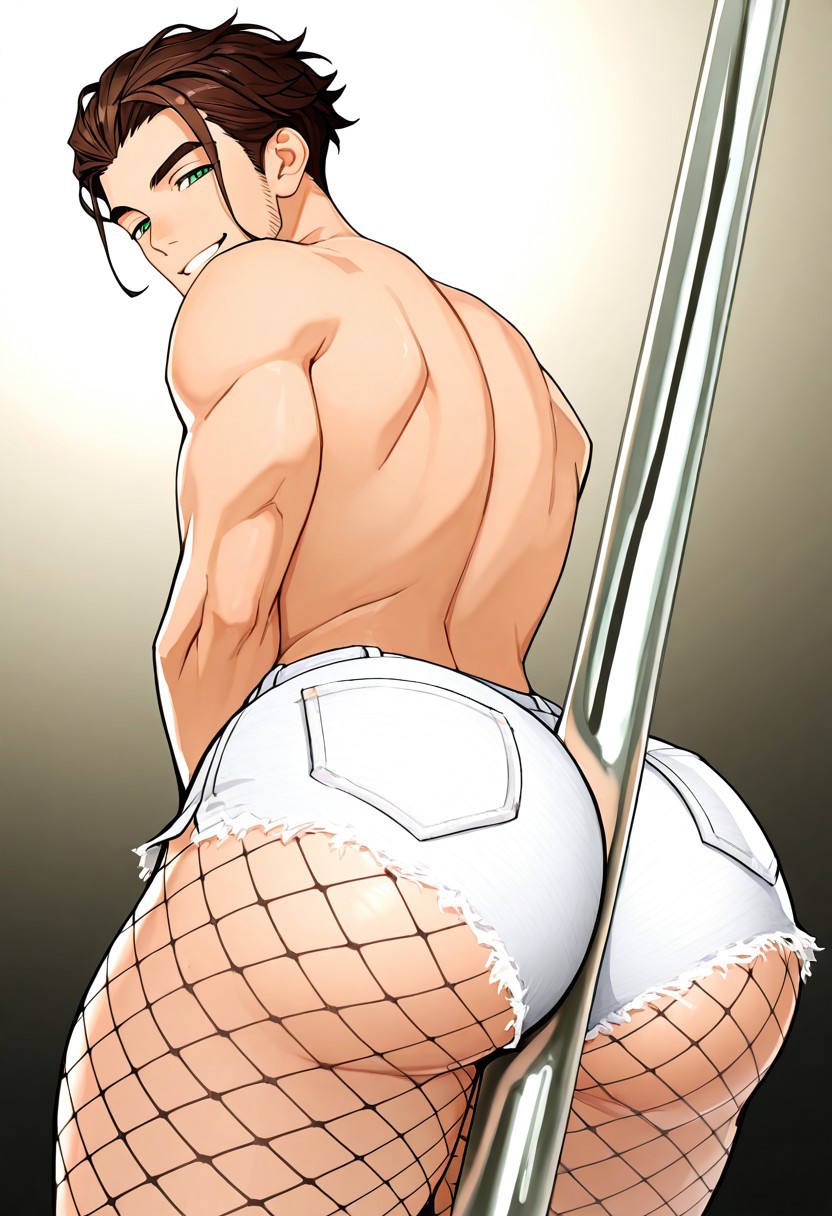 1boy, male focus, claudefe, claudetimeskip, solo, brown hair, short hair, swept back hair, green eyes, facial hair, shirtless, from back, looking back, low angle, (1boy wearing short white denim booty shorts),  (white denim:1.3), (short booty shorts:1.3), tiny waist, (big ass:1.2), playful expression, (stripper pole between male and viewer), shorts touching stripper pole, (stripper pole between asscheeks:1.8), (naughty expression), strip club, stripper pole is perpendicular to the floor, muscular ass, black fishnet thigh-high stockings, smirk,  perfect face, (perfect eyes), (standing), (vertical stripper pole clenched between asscheeks:2), (pole clenched in butt:1.5), (giving vertical buttjob)