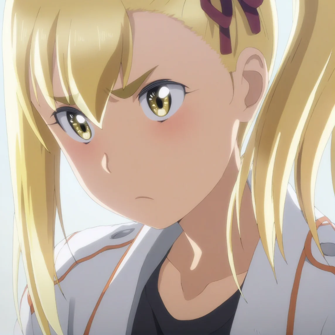 sharp focus, masterpiece, source_anime, (anime_screencap:1.2), absurd res, best quality, BREAK
<lora:Anzu_hinamatsuri_IL_v0.8:1>, anzu_il, 1girl, solo, blonde_hair, right_side_bang, hair_between_eyes, side_ponytail, yellow_eyes, hair_ribbon, white_jacket, long_jacket, black_shirt,, portrait