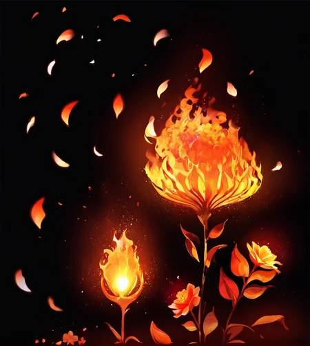 score_9, score_8_up, score_7_up, score_6_up, score_5_up, score_4_up,
<lora:fire:0.8>,
firemode, , black background, solo, no humans,,fire flower,petal,fire plant ,glow