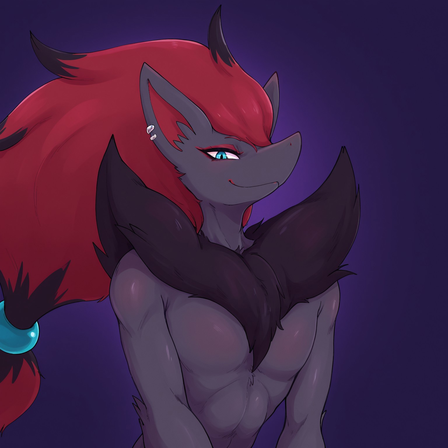 masterpiece, very aesthetic, absurdres ,best quality ,amazing quality, detailed, 
1boy, solo, zoroark, pokemon, furry, fur, pierced ear, long hair, long ponytail, upper body portrait, chest tuft, smile