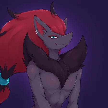 masterpiece, very aesthetic, absurdres ,best quality ,amazing quality, detailed,
1boy, solo, zoroark, pokemon, furry, fur, pierced ear, long hair, long ponytail, upper body portrait, chest tuft, smile