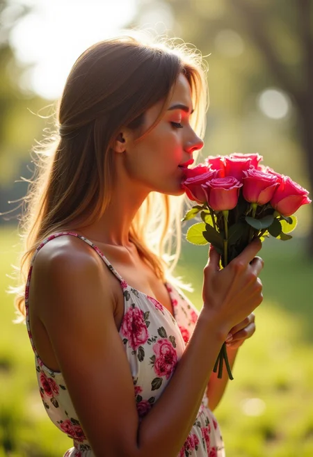 valentine's day, a woman, picnic, smelling a bouquet of roses, sunny, wearing a floral sundress,