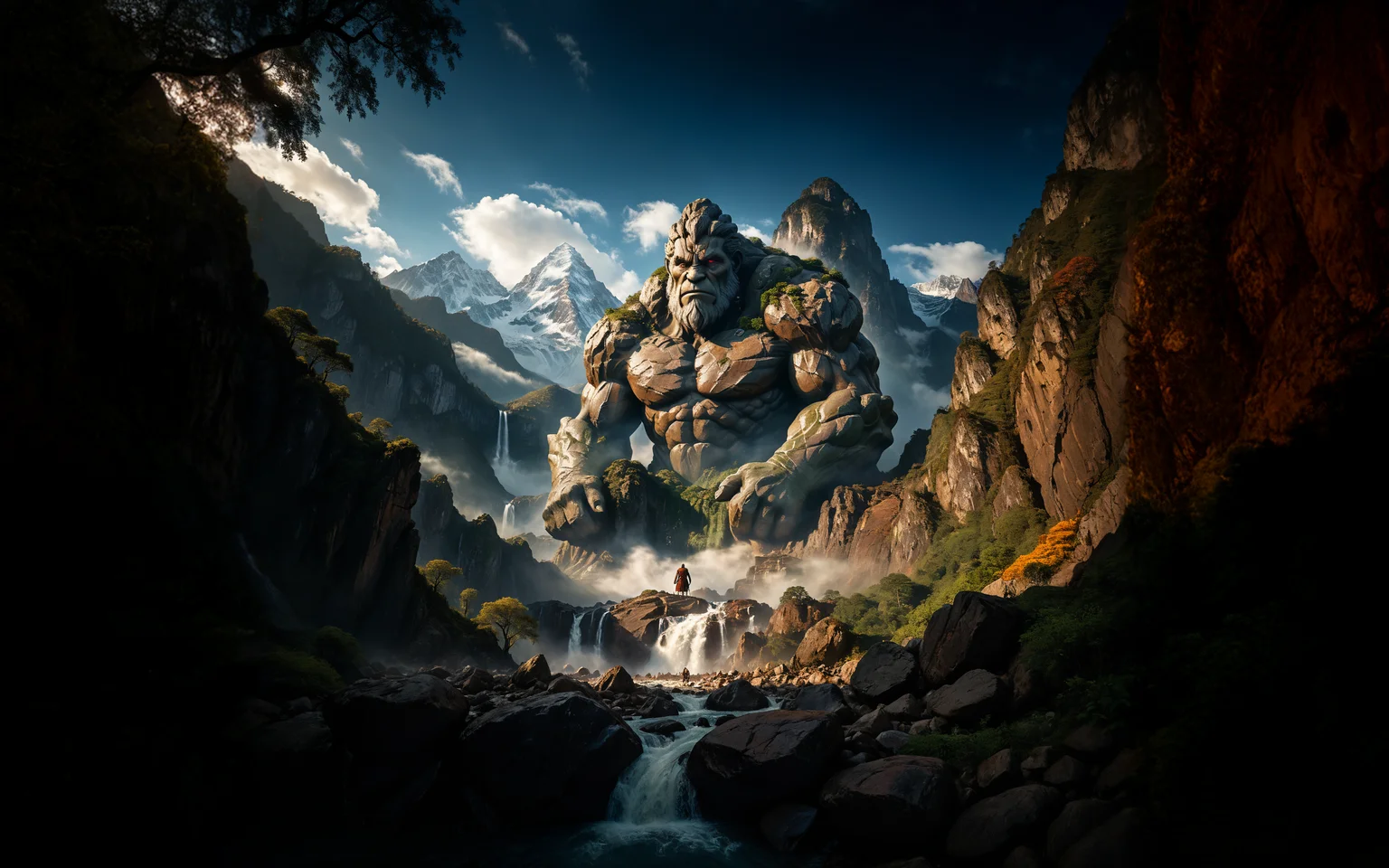 cinematic still Create an image of a colossal stone giant emerging from a mountain range. The titan, made of rocks, soil, and vegetation, embodies the strength and majesty of the earth. Surrounding it are rugged peaks, cascading waterfalls, and dense forests. The sky is clear, emphasizing the grandeur of the scene. The titanâs movements cause minor earthquakes, and its eyes glow with an ancient, primordial wisdom . emotional, harmonious, vignette, 4k epic detailed, shot on kodak, 35mm photo, sharp focus, high budget, cinemascope, moody, epic, gorgeous, film grain, grainy, Create an image of a colossal stone giant emerging from a mountain range. The titan, made of rocks, soil, and vegetation, embodies the strength and majesty of the earth. Surrounding it are rugged peaks, cascading waterfalls, and dense forests. The sky is clear, emphasizing the grandeur of the scene. The titanâs movements cause minor earthquakes, and its eyes glow with an ancient, primordial wisdom, awesome detail, romantic, rich colors, strong, detailed, dynamic, vibrant, epic, great, scenic, artistic, appealing, majestic, imposing, complex, wonderful, symmetry, divine, dramatic, warm color, intricate, very inspirational, inspiring, bright, incredible, amazing, surreal, creative, highly thought