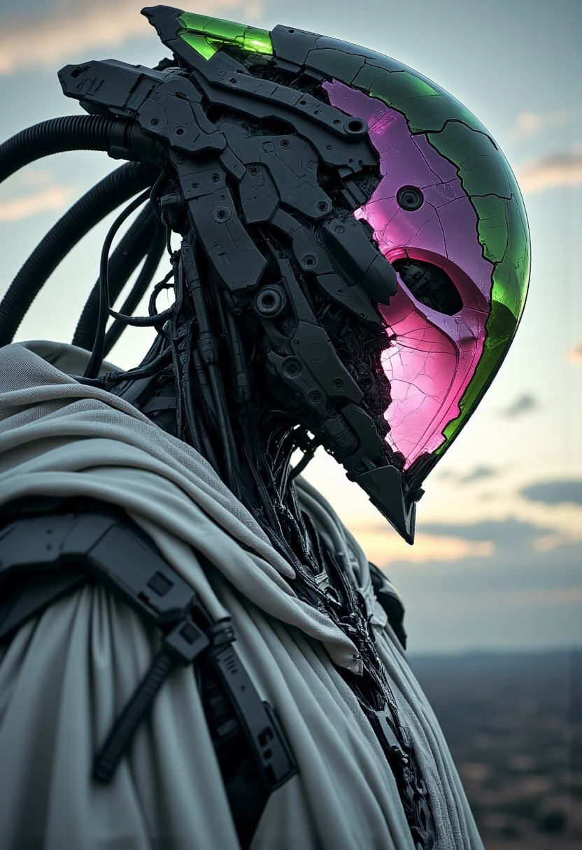 Head Closeup, dark-mood-mod, a photorealistic image, depicting a sleek armored mech-knight with exposed wires and intricate technical parts. A Future soldier in dynamic Pose. The scene is set at dusk, with the sky transitioning from a soft, pale blue to a deeper, cooler hue, and the horizon lined with wispy, scattered clouds. The dominant feature in the image is His mechanical mechanical edgy shoulder armor, jagged and broken resembling a translucent sss Planet, oversized and intricate, its translucent bleaked neon pink and Green surface and luminous translucent Material stark against the sky. dressed in a Armor with a long, flowing white robe that appears to be made of a dark, coarse translucent material, blending into the dark tones of the landscape. (raytracing:1.3), (ambient occlusion), (cinematic lighting:1.3), (chromatic aberration), (4K image quality:1.3), (sharp detail:1.3), (highly realistic:1.3), (dim warm cinematic lighting:1.3)