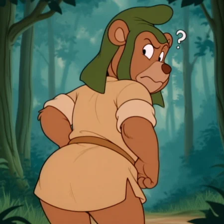 masterpiece, best quality, amazing quality, gruffi, male, furry male, anthro, solo, bear, brown fur, black eyes, tan muzzle, brown nose, paw pads, short, green hat, brown shirt, brown belt, standing, confused, raised eyebrow, looking back, from behind, outdoors, forest,
