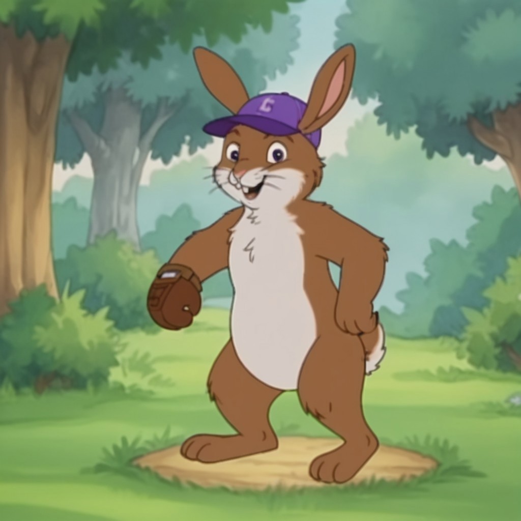 score_9, score_8_up, score_7_up, score_6_up, score_5_up, score_4_up, source_furry, rabbitfrnkln, semi-anthro, male, rabbit, brown fur, buck teeth, whiskers, outside, standing, in a forest, purple hat, baseball glove,