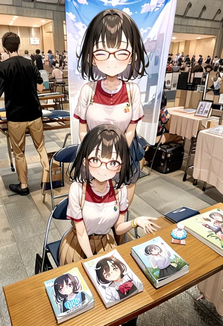 masterpiece, best quality, very aesthetic, absurdres,
1girl, solo, glasses, black hair, medium hair, looking at viewer, smile, short sleeves, shirts, skirt, sitting,
ccs, table, chair, book, poster (object), photo background, multiple boys, multiple girls, crowd,
<lora:comiket_circle_space_SDXL_V1:1>