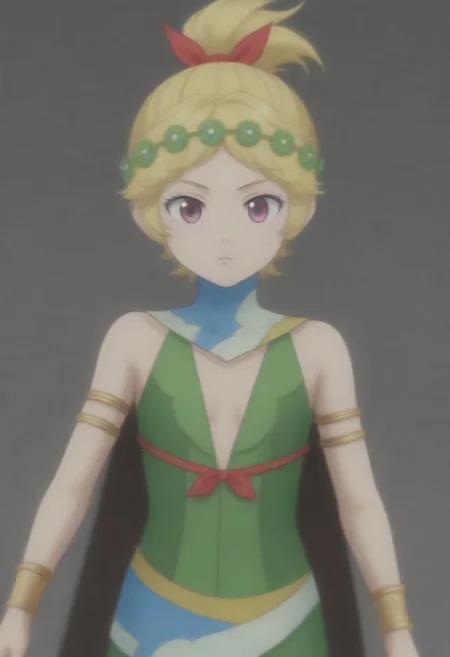 source_anime, anime screencap, source_anime, auratheguillotine, anime screencap, masterpiece, source_anime, shiny skin,,,,,, <lora:zs_DemeterXL:1> demetersmt, blonde hair, ponytail, head wreath, purple eyes, green dress, cleavage, cape, armlet, bracelet,