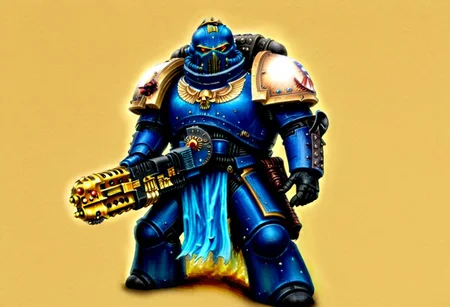 Score_9_up, absurdres, source: GamesWorkshop, grimdark, gothic horror, an adeptus astartes Ultramarines Infernis space marine in armor and helmet wielding a flamer