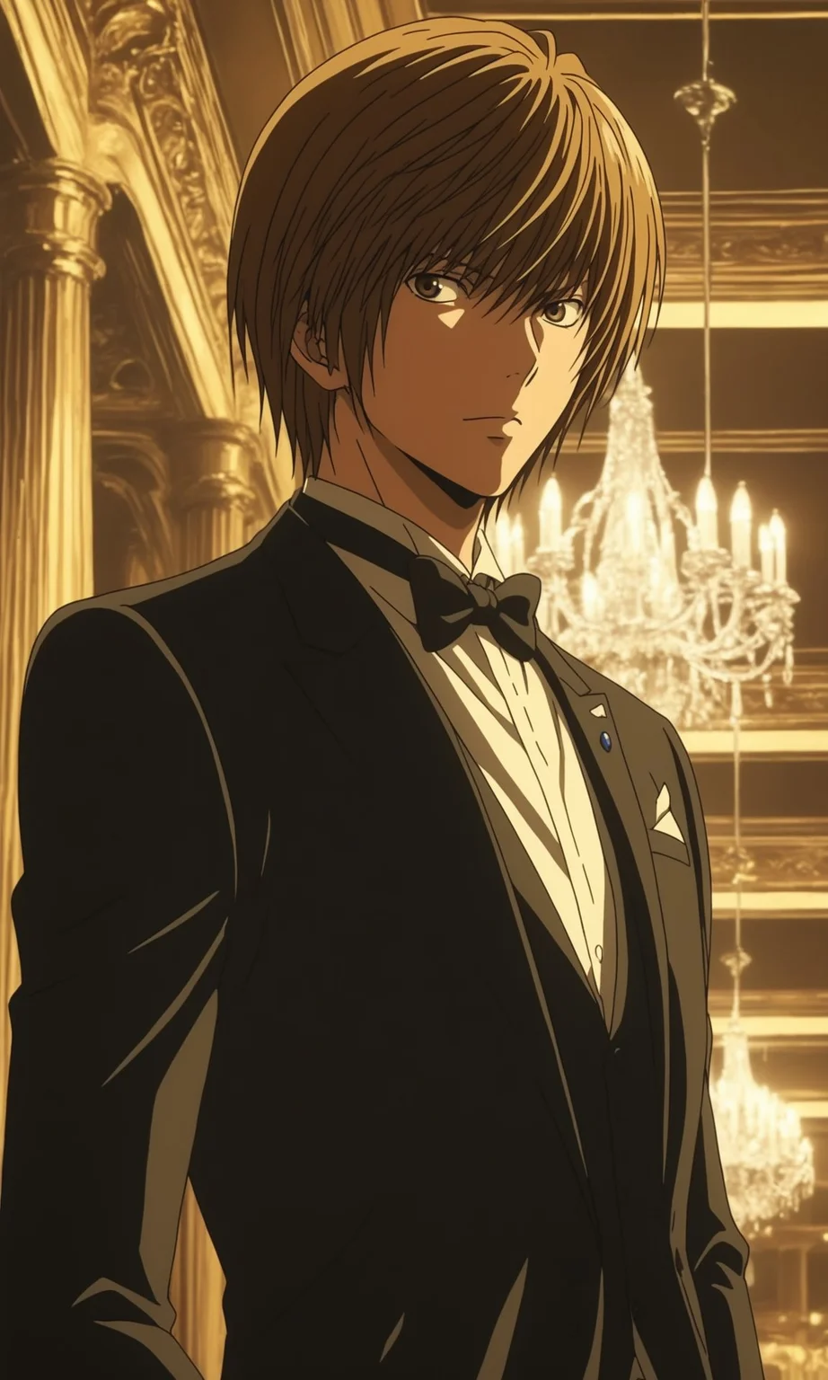 1boy, Light Yagami from Death Note, BREAK source_anime , best quality, wearing a black tuxedo with a bow tie, formal setting, elegant lighting, evening atmosphere, detailed background , <lora:tuxedo:0.6>