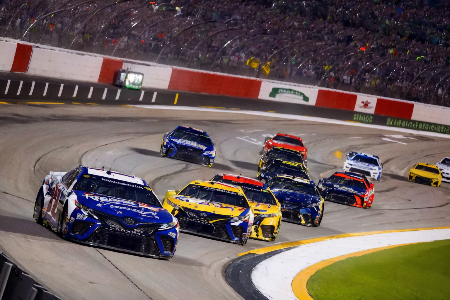 (masterpiece, best quality:1.2), ultra-detailed, group of cars racing on track  EdobNascarRace, (realistic:1.5), <lora:EdobNascarRace_v1.0:1>