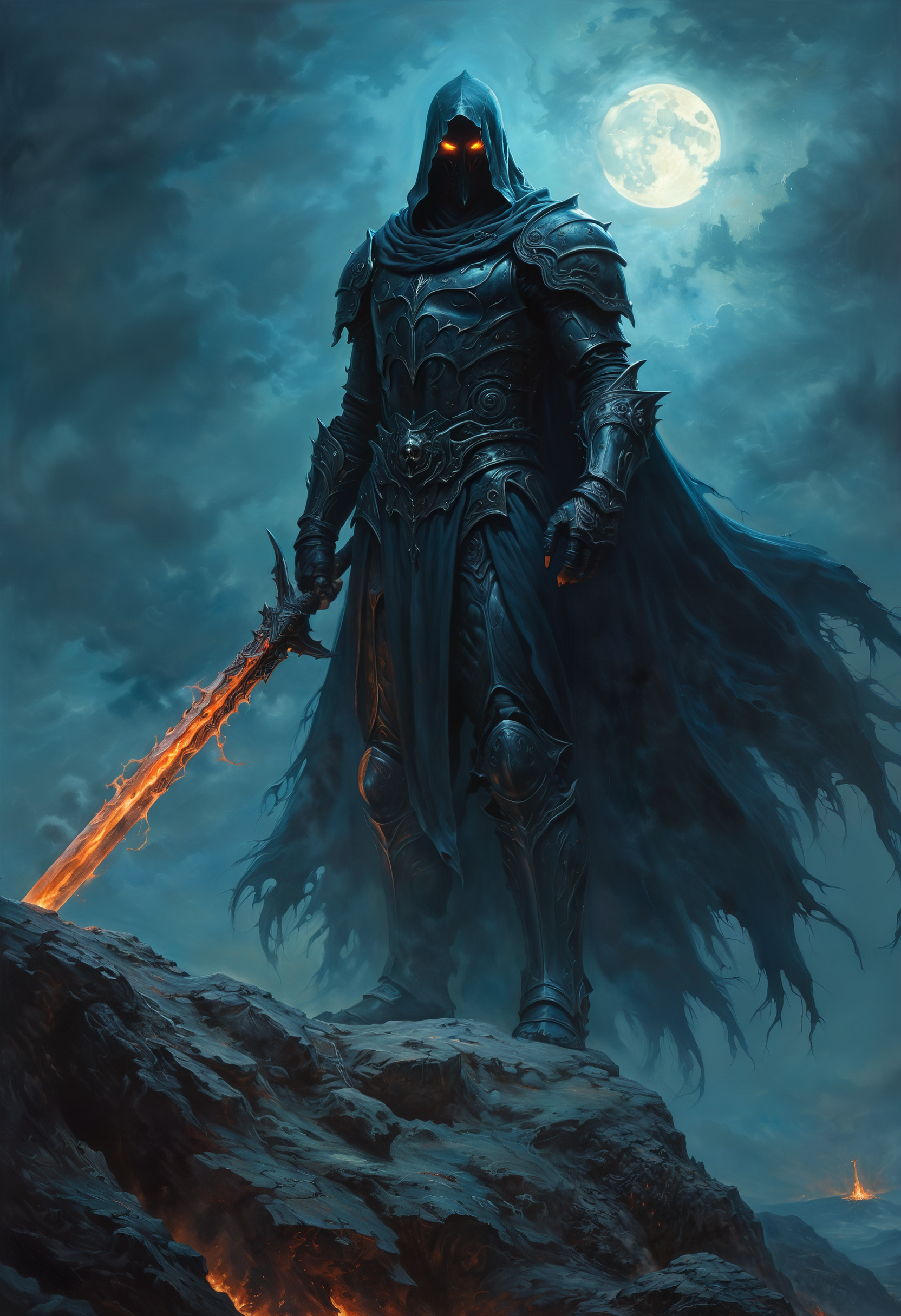 highly detailed traditional oil painting of a towering warrior of chaos in a dark obsidian ghost armor, a wide cloak floating in the wind, wearing a wide hood, ghostly glowing eyes, standing tall on a battle scourged hill at night, wielding a massive two hander sword with an ominous glowing, low angle from below side view
<lora:add-detail-xl:0.5> <lora:xl_more_art-full_v1:0.5>