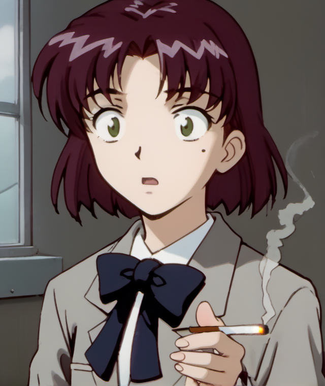 1girl, solo, rits4, school uniform, mole under eye, purple hair, short hair, green eyes, bow, smoking, holding cigarette, lighter, shocked, young, <lora:rits4:1>,