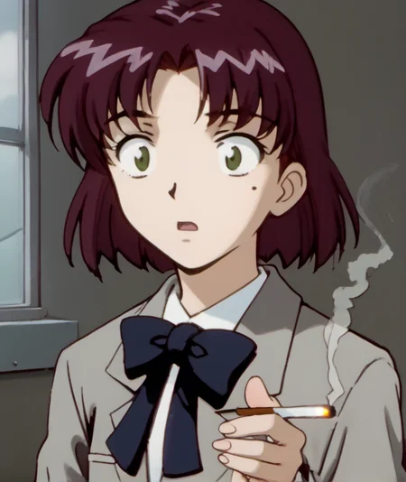1girl, solo, rits4, school uniform, mole under eye, purple hair, short hair, green eyes, bow, smoking, holding cigarette, lighter, shocked, young, <lora:rits4:1>,