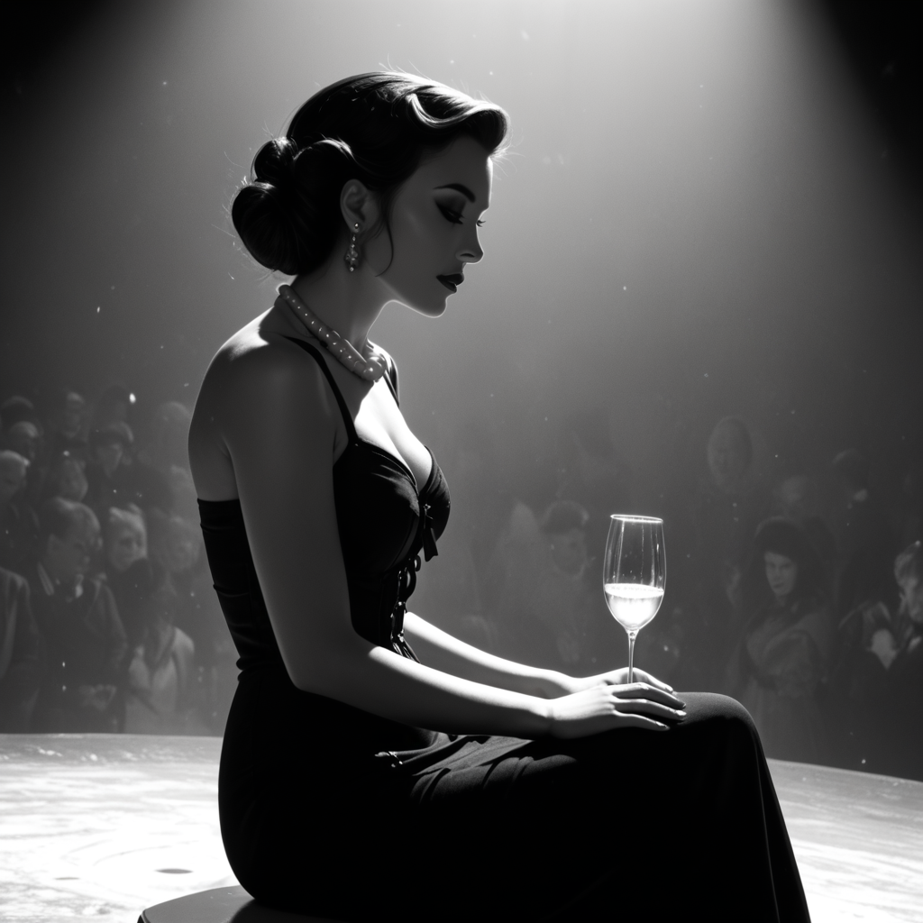 Film noir style nstylev2, Film noir style, ultra realistic, ultra defined textures, monochrome, dynamic posing, different faces, every generation, In the smoky haze of an intimate lounge, a mesmerizing woman reclines in a deep red velvet dress, the corset detailing hugging her hourglass figure. Her pearl necklace glistens under the dim golden light as she lazily swirls a glass of champagne. Her eyes, dark and knowing, lock onto her next conquest from beneath softly curled lashes. Silk gloves slide over the smooth bar top, and the air is thick with mystery, danger, and the promise of something unforgettable.<lora:Noir-Style_FilmPhotography_V1_-_Pony:0.8> . Monochrome, high contrast, dramatic shadows, 1940s style, mysterious, cinematic