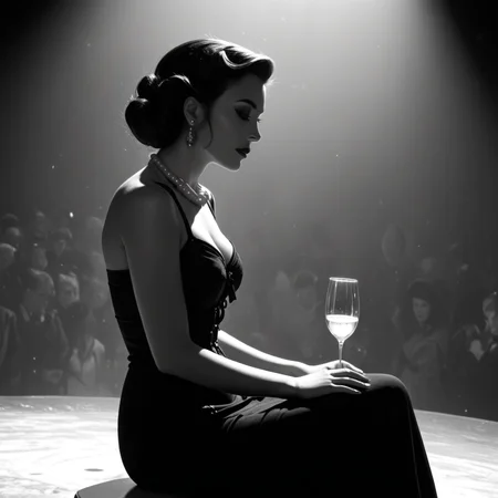 Film noir style nstylev2, Film noir style, ultra realistic, ultra defined textures, monochrome, dynamic posing, different faces, every generation, In the smoky haze of an intimate lounge, a mesmerizing woman reclines in a deep red velvet dress, the corset detailing hugging her hourglass figure. Her pearl necklace glistens under the dim golden light as she lazily swirls a glass of champagne. Her eyes, dark and knowing, lock onto her next conquest from beneath softly curled lashes. Silk gloves slide over the smooth bar top, and the air is thick with mystery, danger, and the promise of something unforgettable.<lora:Noir-Style_FilmPhotography_V1_-_Pony:0.8> . Monochrome, high contrast, dramatic shadows, 1940s style, mysterious, cinematic