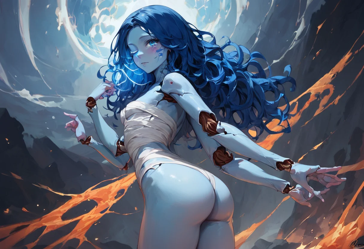 score_9, score_8_up,score_8, score_7_up,score_7,masterpiece, high quality, solo, slim waist,small ass, sensual, seductive,slut,high contrast,
<lora:Ranni_The_Witch_Pony-Cinn:0.8>
1girl, blue hair, collarbone,cracked skin, doll joints,four arms,long wavy hair, medium breasts, one closed eye, pale blue skin, ranni_the_witch,tears,looking at viewer, bandages,
ass focus|breasts focus|back focus, from side|from above|from below,ass lift,
active volcano, flowing lava, thick smoke, glowing magma, fiery landscape, ash clouds,