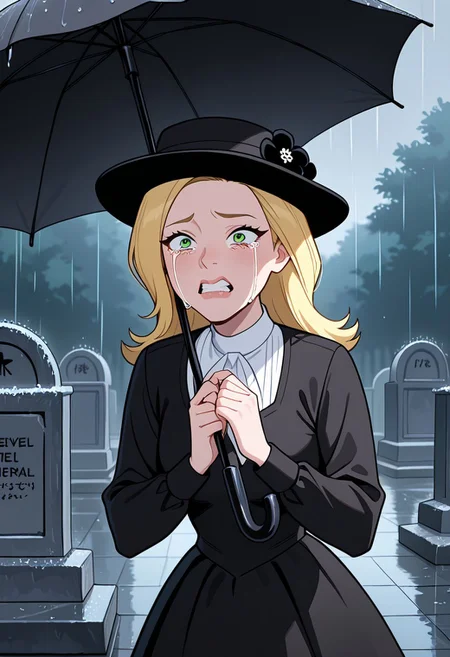 masterpiece, best quality, amazing quality, very aesthetic, absurdres, newest, ((screencap, parody, cartoon))
sandraten, blonde hair, 1girl, green eyes, lips,
expressive face,
black dress, full dress, at funeral, female funeral hat, face net, hands together, crying, hand on tombstone, holding black umbrella, heavy rain, black flower on hat, female funeral clothes, tears