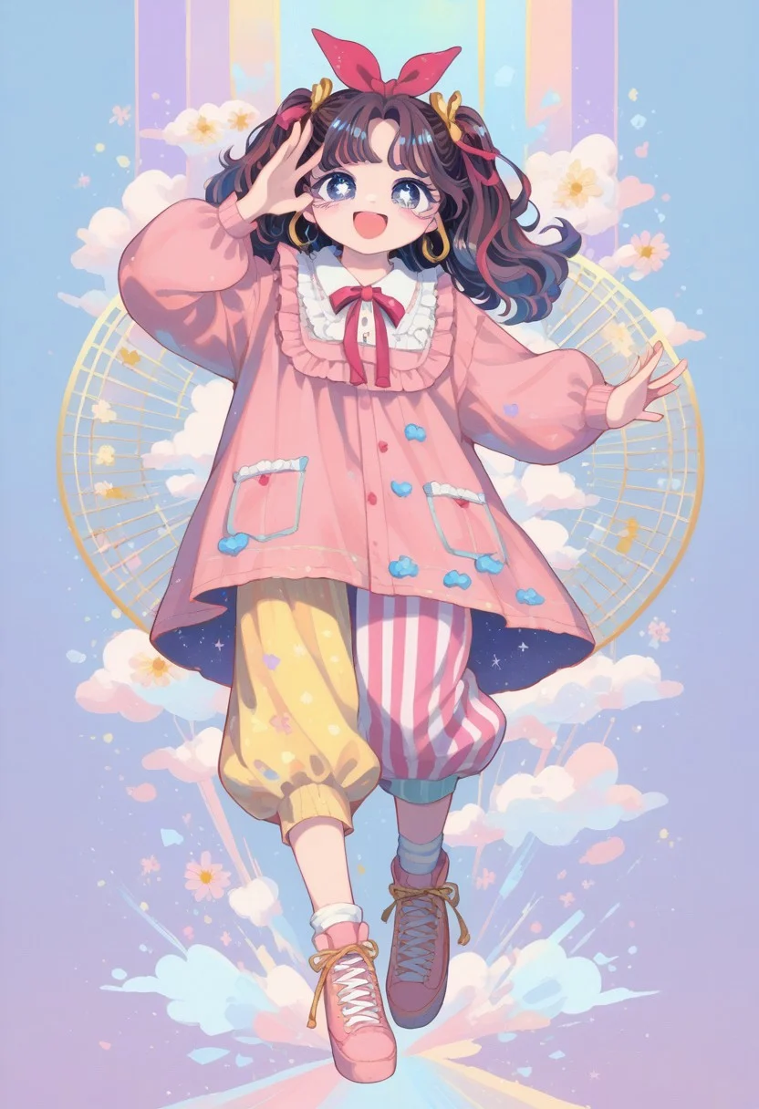 score_9, score_8_up, score_7_up,
masterpiece, best quality, detailed, amazing quality,
detailed background,
detailed eyes, clean eyes,
dynamic pose, full body, happy,
solo, 1woman, woman,
easynegative, pastel colours, cute