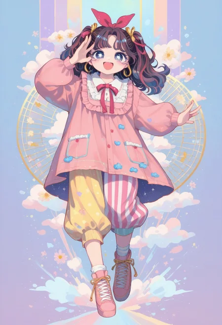 score_9, score_8_up, score_7_up,
masterpiece, best quality, detailed, amazing quality,
detailed background,
detailed eyes, clean eyes,
dynamic pose, full body, happy,
solo, 1woman, woman,
easynegative, pastel colours, cute