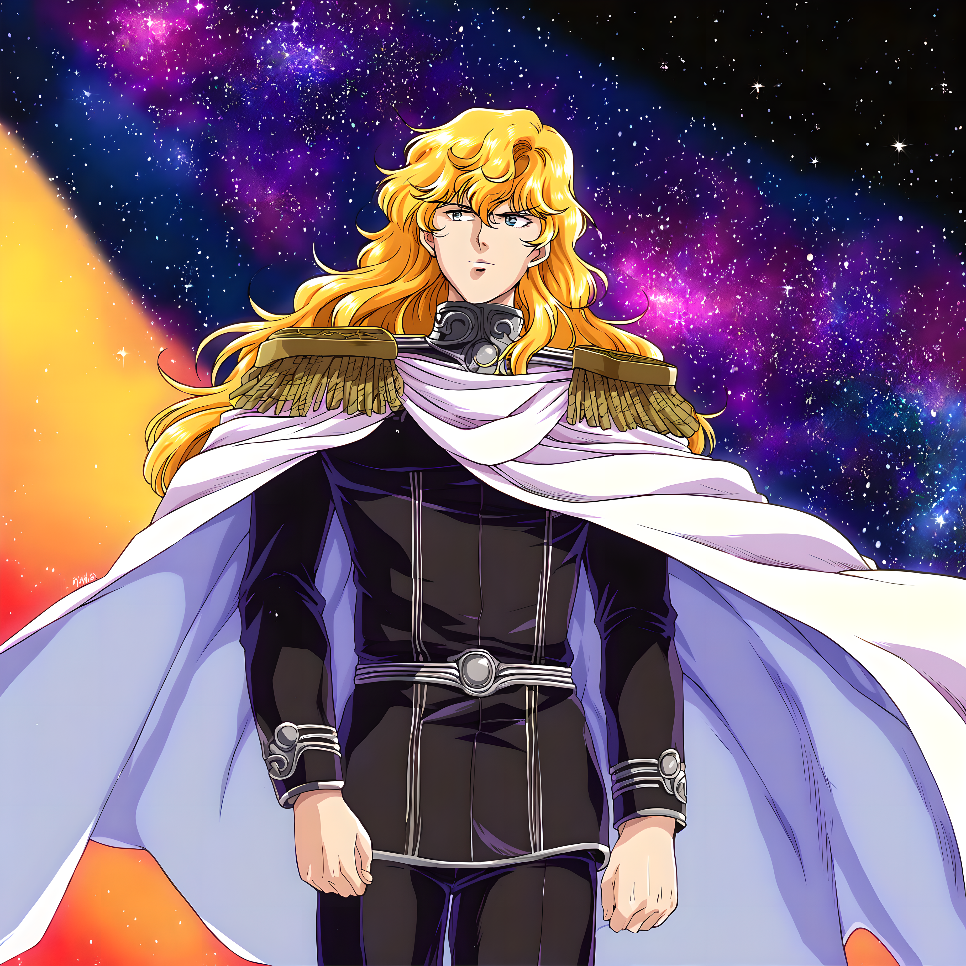 <lora:pony_xl_Reinhard>,Reinhard,male,1boy,long hair,male focus,star \(sky\),uniform,white cape,cape,epaulettes,hyper_galaxy,military,military uniform,military clothing trousers,shaded_face,standing,stars,starry_background,black_background,cowboy_shot,no ground,