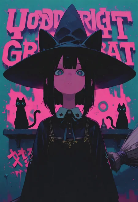 masterpiece, 8K, depth of field, focused subject, best quality,newest, absurdes, graffiti portrait on the wall, cute petite witch weared in short black dress, big witch hat, witch's broom, dark blue eyes, gaze directing at viewer, big black cat silhouette on background, close up, dutch angle, urban abstraction through dark fantasy aesthetic, street art style combined with grunge chaos, high contrast, black and pink colors prevail, neon lighting, neat detailing, underworld, wonderlands, graffiti art, vibrant, abstract, xxx667_illu, blgstyle,s4bit4mago_illu, <lora:XXX477:0.75>, <lora:Blacklight_Graffiti_Style_Pony:1> <lora:S4bit4mago:0.5> <lora:illustriousXL_stabilizer_v1.23:0.3>
