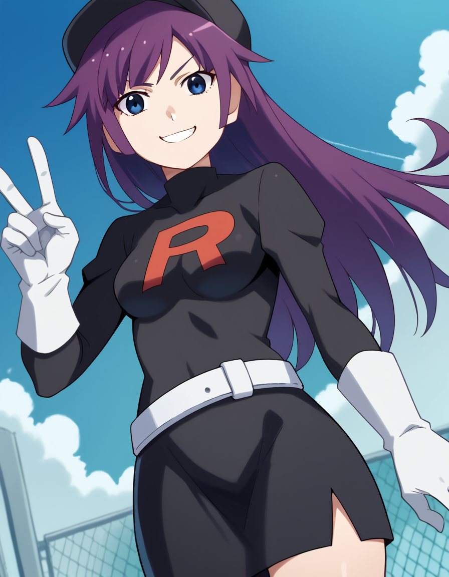 score_9, score_8_up, score_7_up, source_anime, hitagisenjougahara, <lora:hitagi-senjougahara-anime-ponyxl-lora-nochekaiser:1>, senjougahara hitagi, bangs, long hair, blue eyes, purple hair, medium breasts,, <lora:team-rocket-uniform-ponyxl-lora-nochekaiser:1>, team rocket uniform, black hat, black shirt, black skirt, white belt, white gloves, single letter,, smile, smug, v, outdoors,, cowboy shot, dutch angle, looking at viewer,
