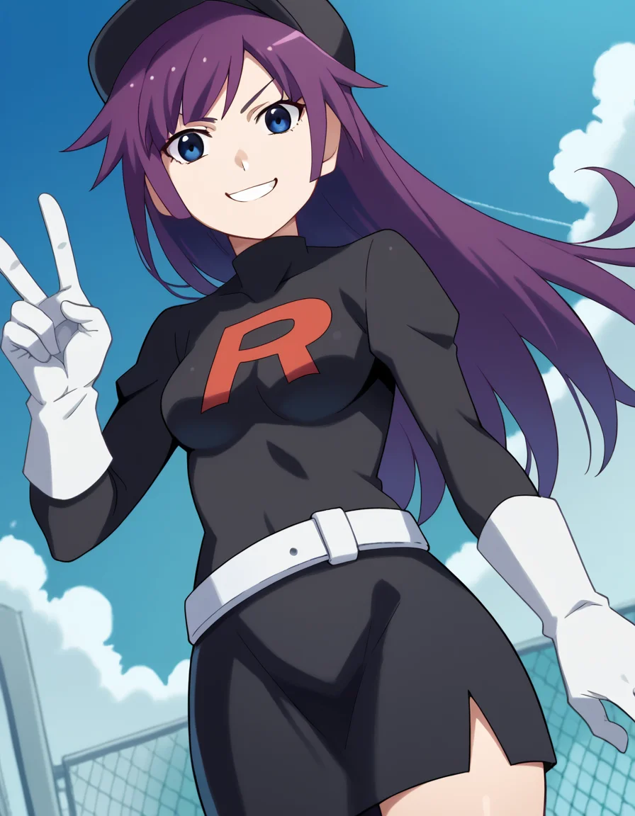 score_9, score_8_up, score_7_up, source_anime, hitagisenjougahara, <lora:hitagi-senjougahara-anime-ponyxl-lora-nochekaiser:1>, senjougahara hitagi, bangs, long hair, blue eyes, purple hair, medium breasts,, <lora:team-rocket-uniform-ponyxl-lora-nochekaiser:1>, team rocket uniform, black hat, black shirt, black skirt, white belt, white gloves, single letter,, smile, smug, v, outdoors,, cowboy shot, dutch angle, looking at viewer,