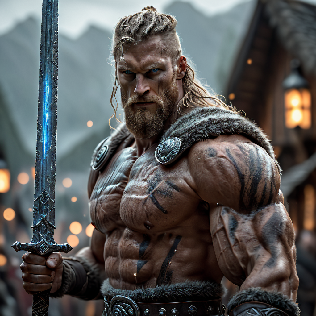 Close up shot of muscular Viking, holding glowing sword infront of him, standing up, fantasy village in background, HD, masterpiece, best quality, hyper detailed, ultra detailed, super realistic